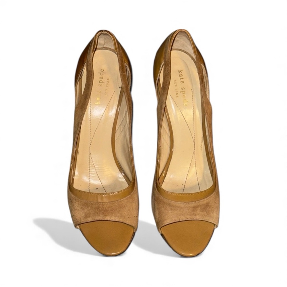 Kate Spade New York patent leather suede open toe heels slip on sandals Sz 8 1/2